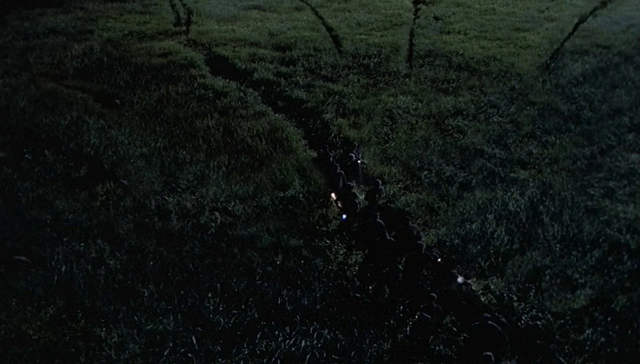 The Lost World: Jurassic Park (1997) movie still: establishing — A dark, expansive field at night features dense, tall grass and scattered…