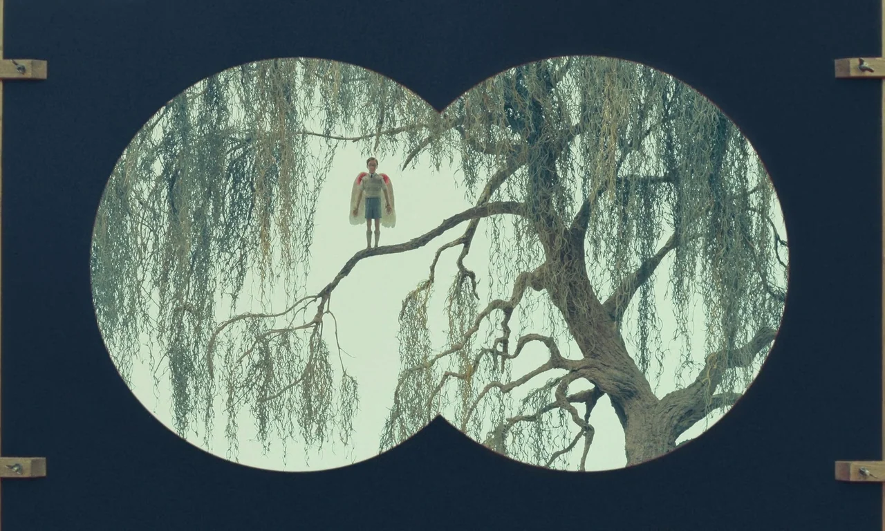 The Swan (2023) movie still: wide — A young boy stands on a high willow tree branch wearing makeshift wings. The view is framed within the circular…