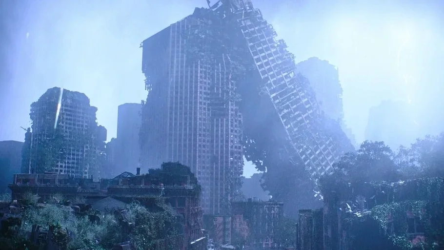 Making of: The Last of Us (2023) movie still: establishing — A collapsed urban landscape features leaning, vine-covered skyscrapers under a thick,…