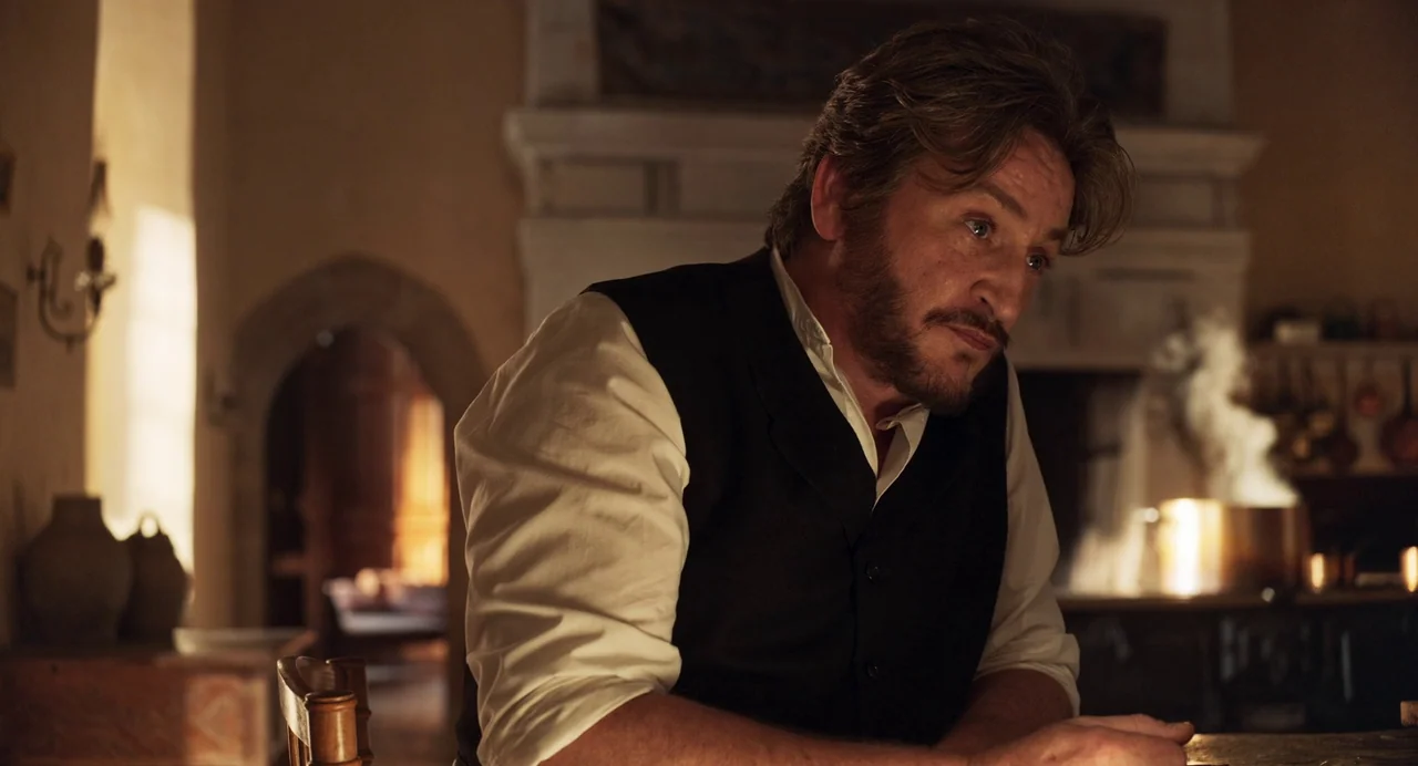 The Taste of Things (2023) movie still: medium — A rustic room features stone walls, a brick fireplace, and vintage cooking utensils. A bearded man…