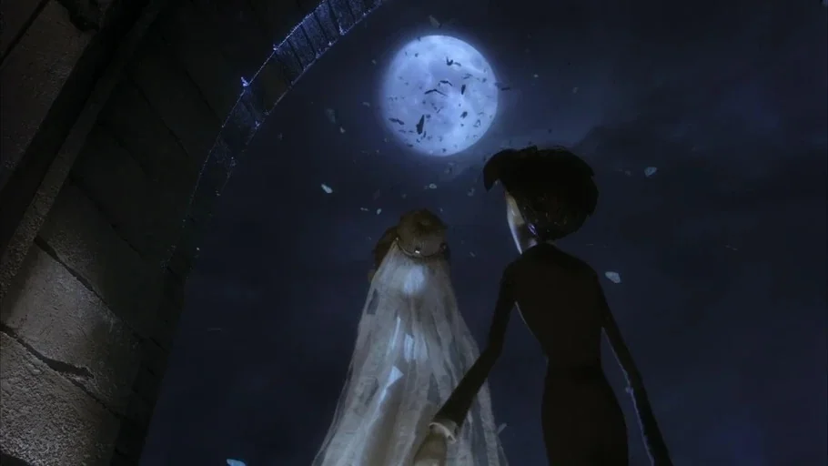 Corpse Bride (2005) movie still: medium — A stone archway frames a view of a dark night sky with a full moon. Two figures stand with their backs to…