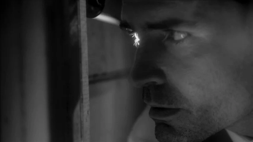 Keyhole (2011) movie still: closeup — A close-up view of a man's face pressed against a narrow gap in wood. He is observing through the crack with…