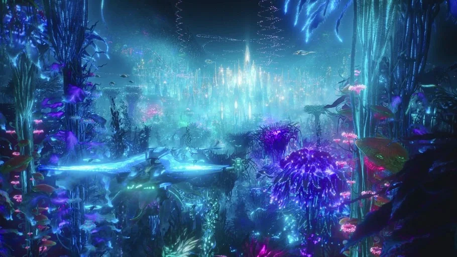 Aquaman (2018) movie still: establishing — A dense alien jungle is filled with large, bioluminescent plants emitting blue and purple light. In the…