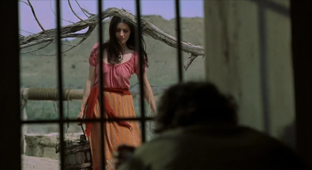 The Hired Hand (1971) movie still: medium — A dry, sun-baked yard viewed through dark vertical metal bars of a window. A young woman stands in the…