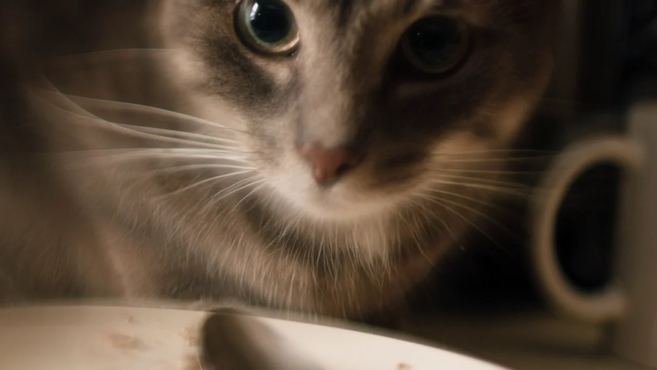 Madeline’s Madeline (2018) movie still: closeup — A close-up view of a grey domestic cat looking toward the camera lens. The cat is positioned…