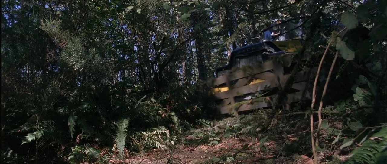 Bandits (2001) movie still: wide — A dense green forest with thick undergrowth and tall trees obscuring most light. A large yellow and black…