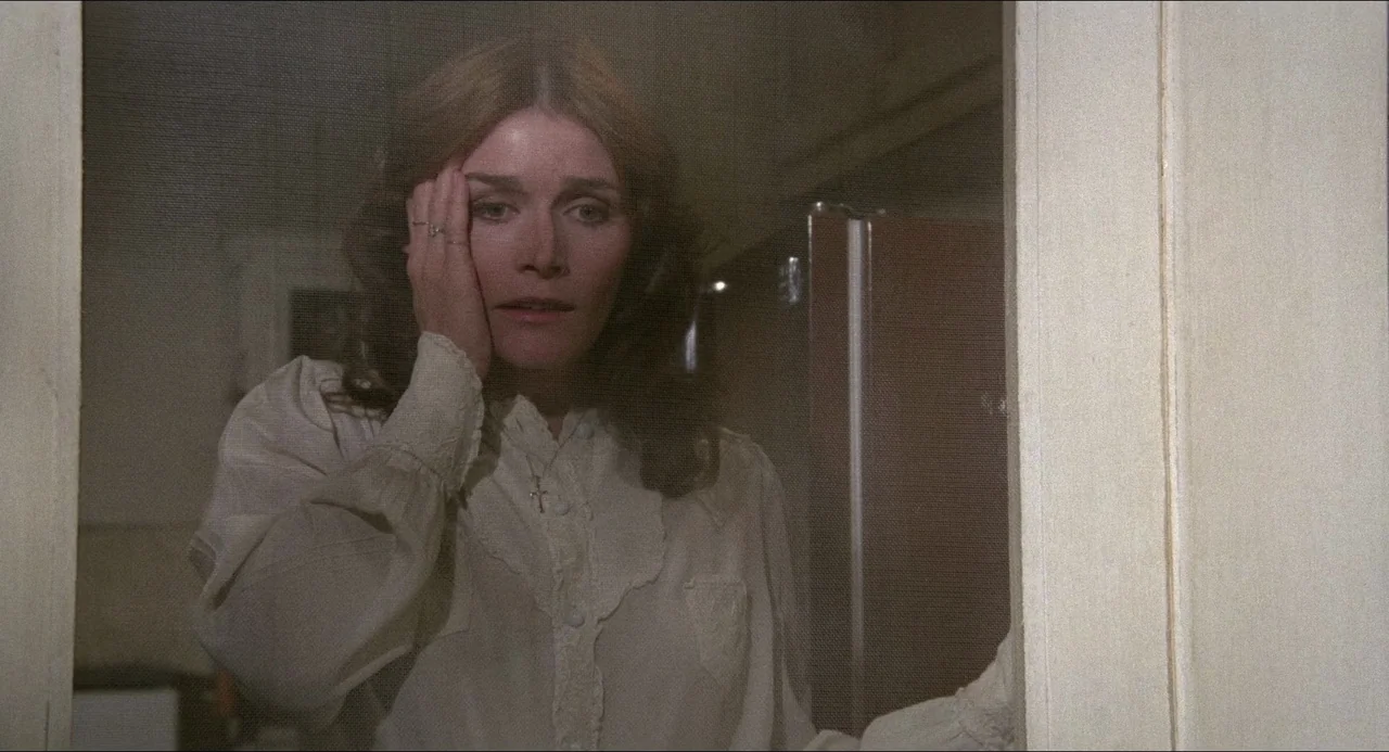 The Amityville Horror (1979) movie still: medium — An interior space viewed through a screen door looking at a woman inside. She holds her head…