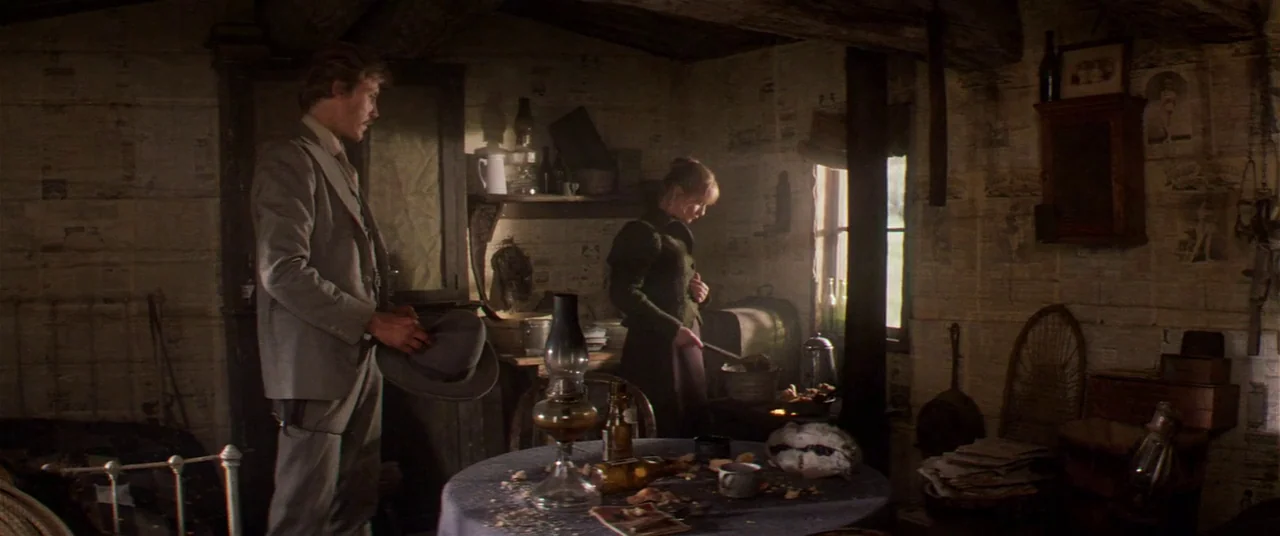 Heaven’s Gate (1980) movie still: wide — A rustic cabin room features walls covered in aged newspaper and wooden ceiling beams. A man in a suit…