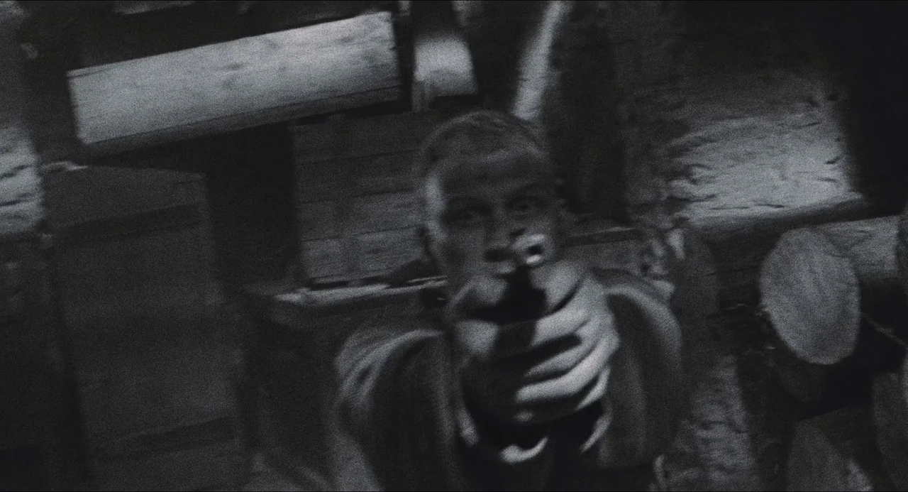 Dog Soldiers (2002) movie still: medium — A dimly lit stone cellar with textured walls and heavy shadows. A young man points a handgun directly…