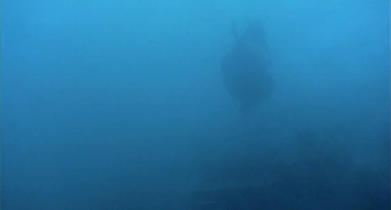 The Piano (1993) movie still: wide — A vast expanse of deep blue water with a blurred shape floating centrally. The object is indistinguishable due…