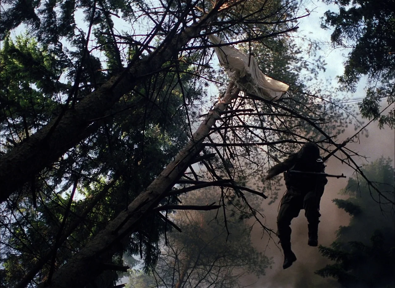 Come and See (1985) movie still: wide — A dense woodland environment with tall pine trees and thick brush. A soldier is suspended mid-air in his…