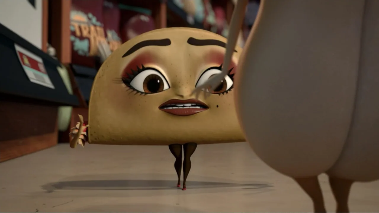 Sausage Party (2016) movie still: medium — A supermarket aisle with blurred product shelves in the background. A taco character with human features…