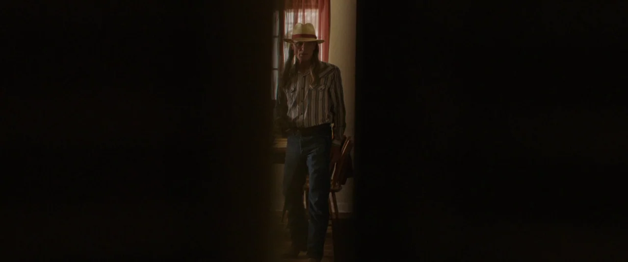 Love Lies Bleeding (2024) movie still: fullbody — A man in a western hat emerges from a sunlit room into a dark space. He moves forward through a…