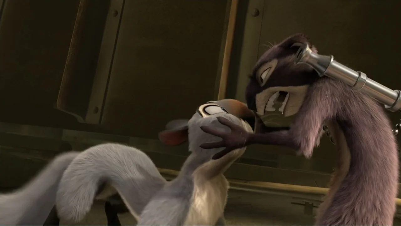 The Nut Job (2014) movie still: medium — A dark industrial tunnel has curved metal walls and metallic surfaces. Two anthropomorphic squirrels…