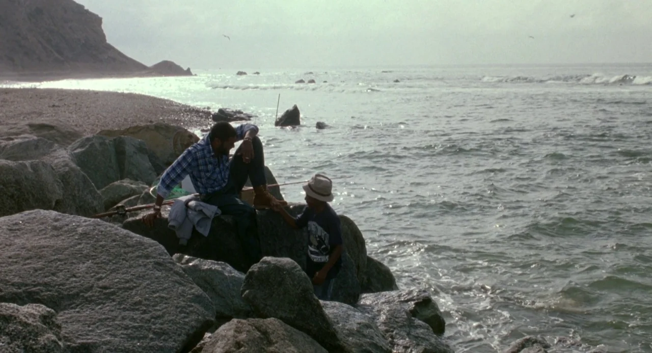 Boyz In The Hood (1991) movie still: wide — A rocky beach shoreline borders a vast, calm ocean under a bright overcast sky. A man and a child stand…