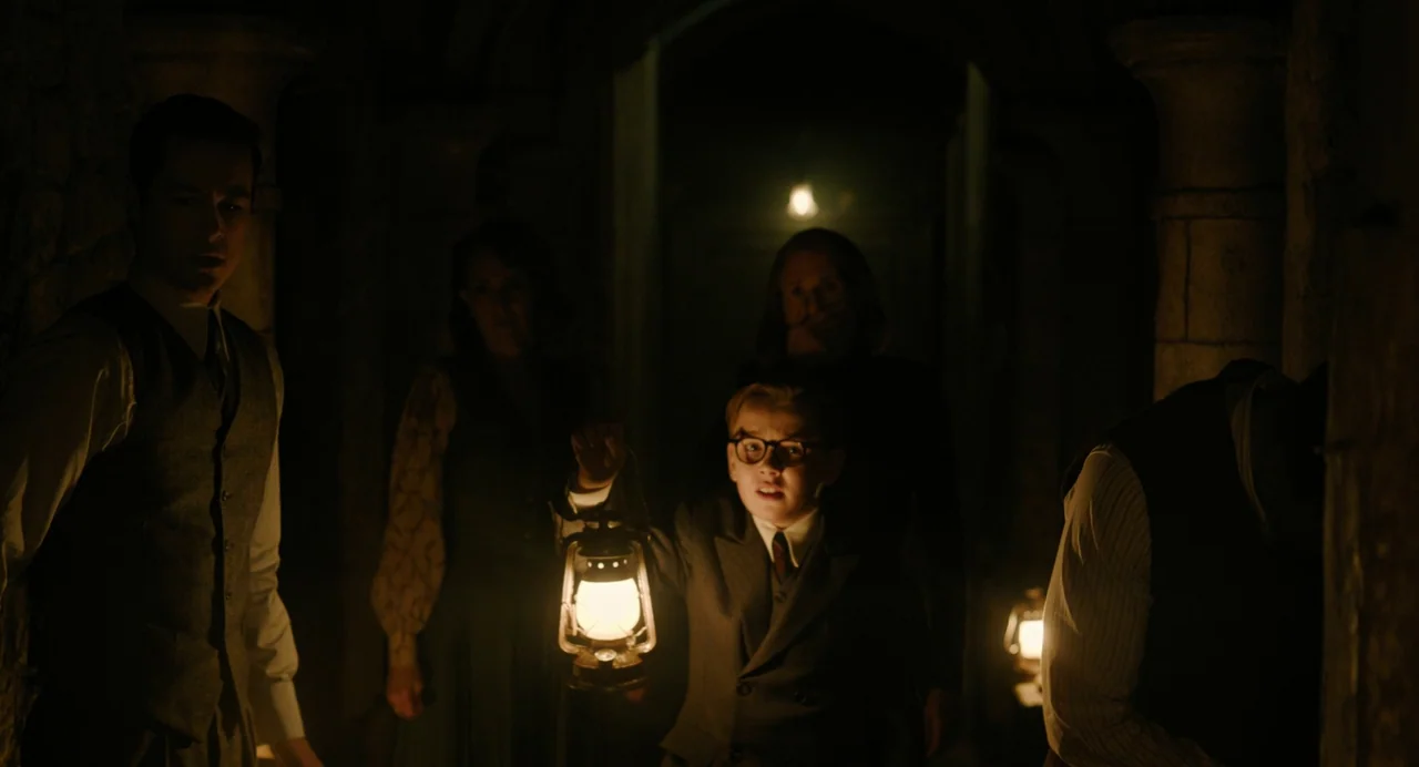 A Haunting In Venice (2023) movie still: medium — A group of people walk through a dimly lit stone passage with vaulted ceilings. A young boy in the…