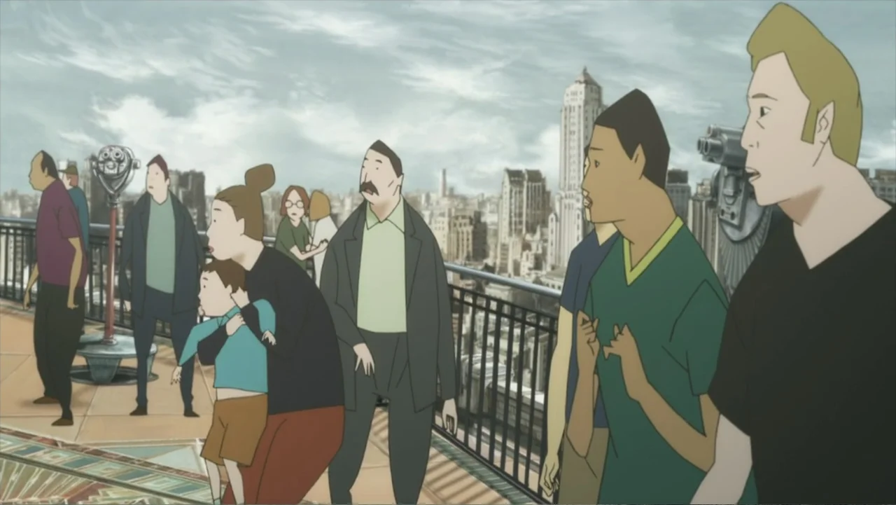 Batman: Gotham Knight (2008) movie still: medium — An outdoor observation deck filled with people overlooks a crowded urban skyline during daytime.…