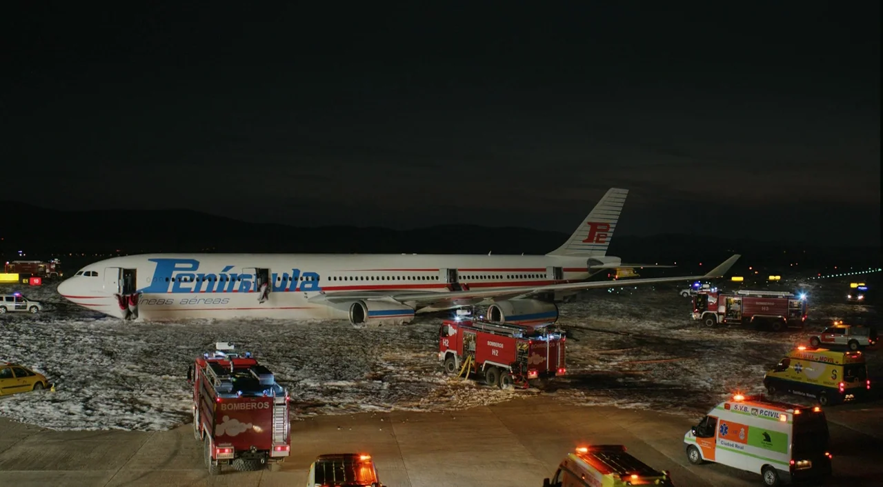 I’m So Excited! (2013) movie still: wide — A large passenger aircraft sits grounded on a runway covered in white fire suppression foam. Numerous red…
