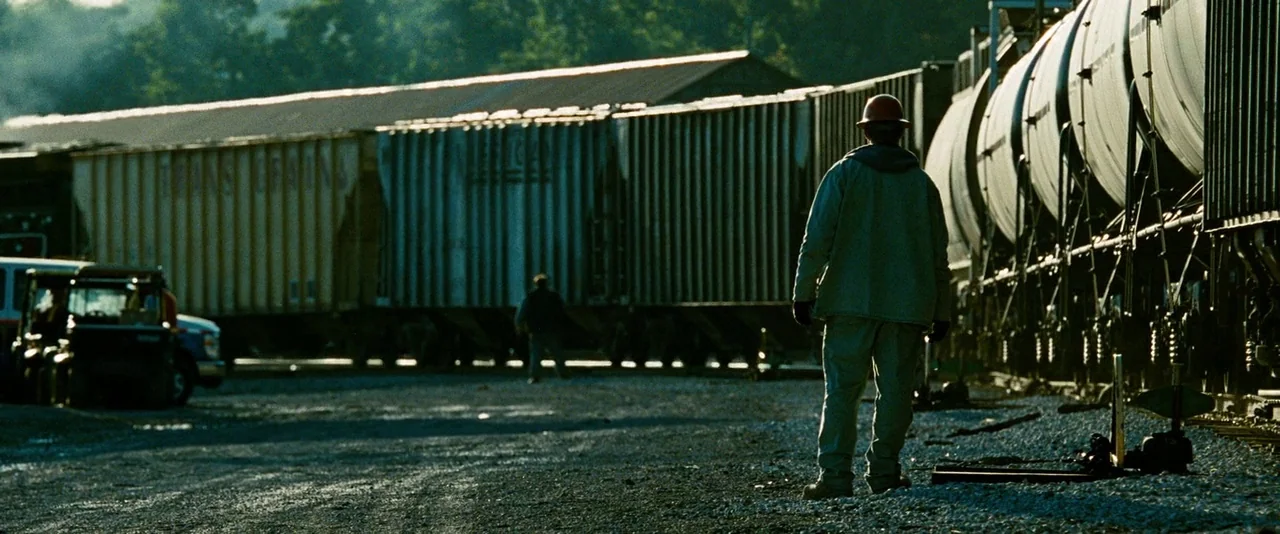 Unstoppable (2010) movie still: fullbody — A gravel-covered railway yard contains multiple parked freight trains and a small utility vehicle. A male…