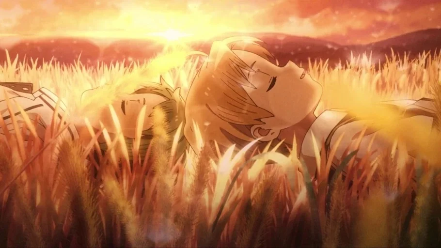 Mushoku Tensei: Jobless Reincarnation (2021) movie still: medium — A field of dry golden wheat at sunset with soft light illuminating the scene. Two…