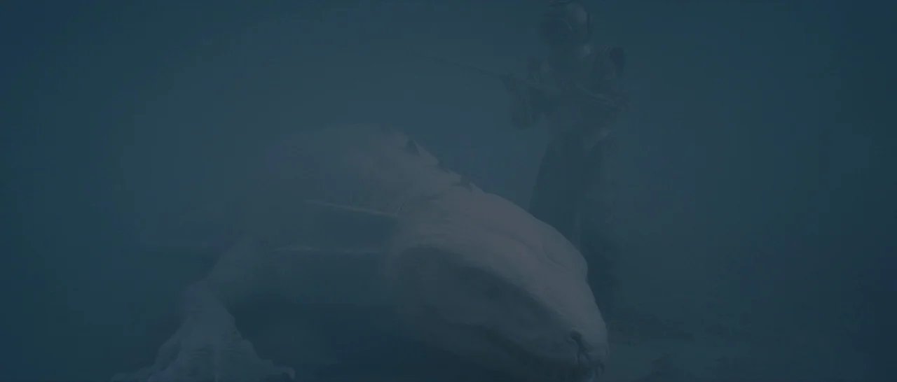 Tale of Tales (2015) movie still: wide — The deep underwater environment is obscured by thick sediment and blue-tinted water haze. A vintage-style…