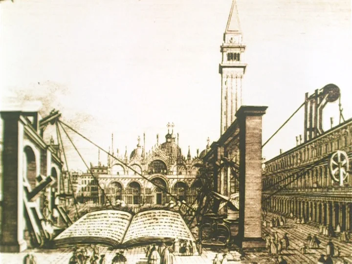 The Reading Machine (1977) movie still: wide — A detailed monochromatic engraving depicts Saint Mark's Square with a massive open book. Mechanical…