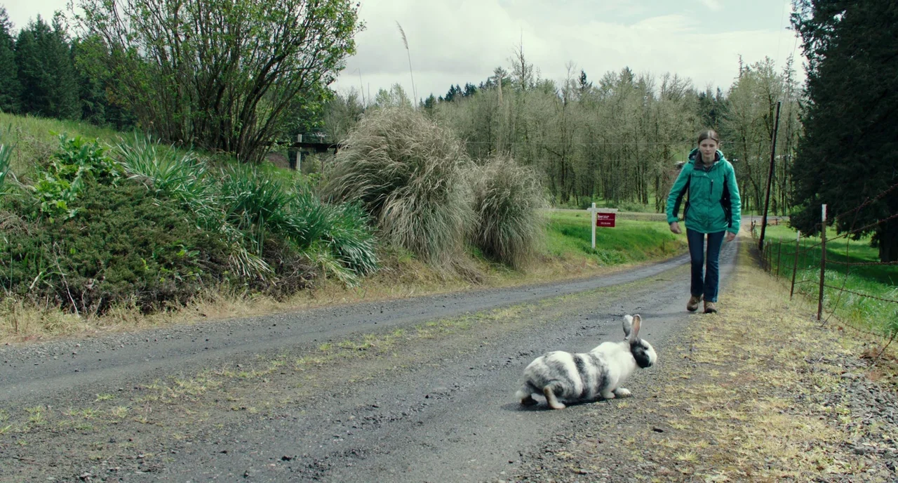 Leave No Trace (2018) movie still: wide — A rural dirt road winds through a grassy field with scattered trees and vegetation. A girl in a turquoise…