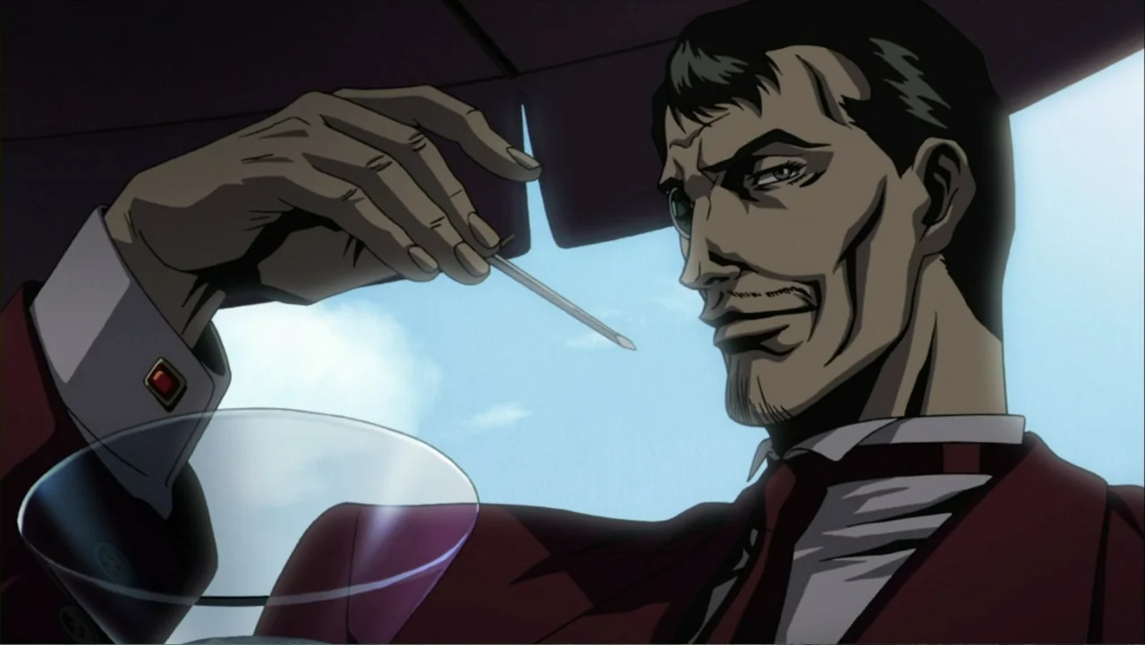 Batman: Gotham Knight (2008) movie still: medium — An open-air terrace with a clear blue sky visible in the background. A man in a burgundy suit…