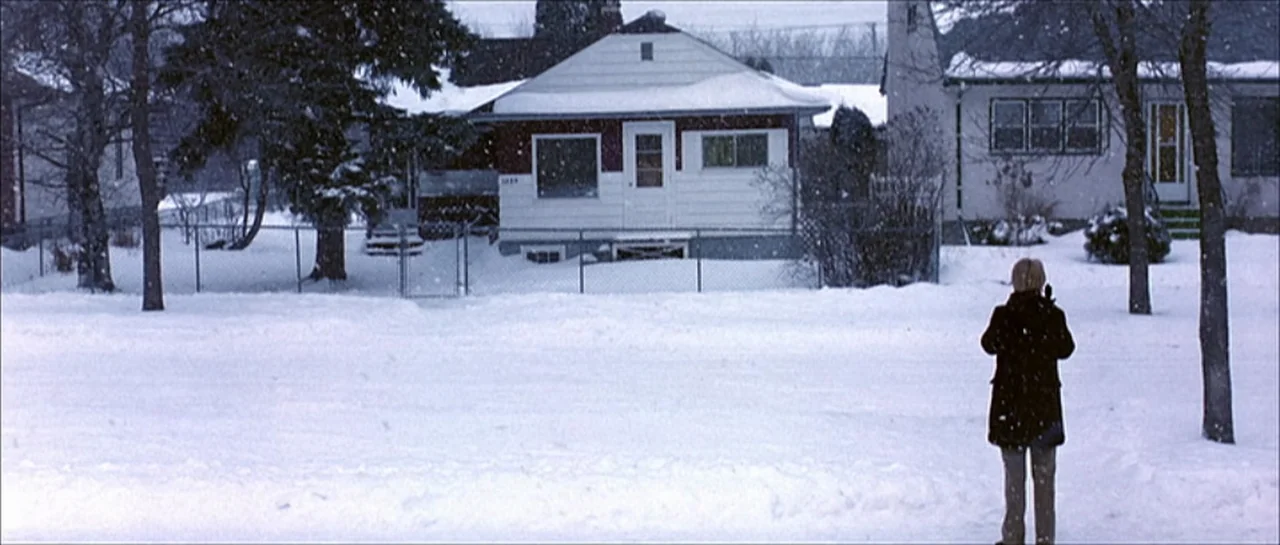 Fear X (2003) movie still: wide — A quiet suburban street is blanketed in deep snow during a winter snowfall. A single person in a dark coat stands…