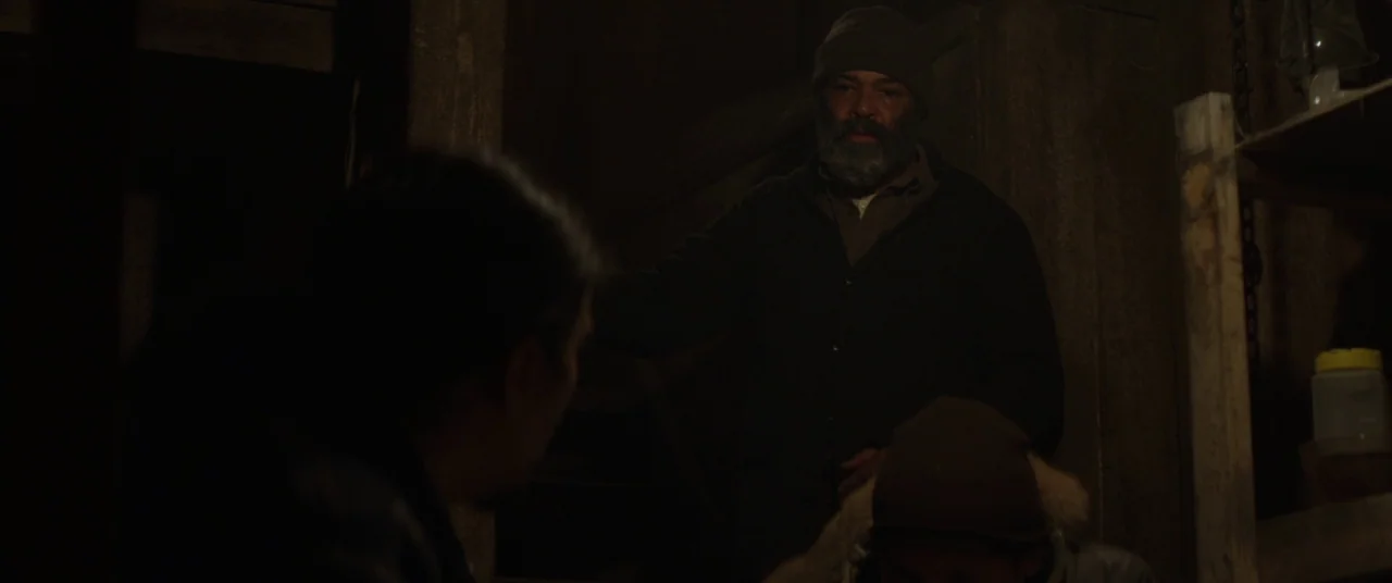 Hold The Dark (2018) movie still: medium — A dimly lit, cramped basement space features wooden walls and basic shelving units. An older man stands…
