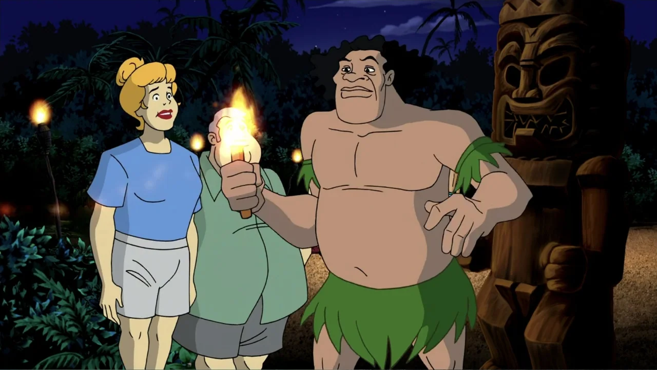 Aloha Scooby-Doo! (2005) movie still: medium — A dark outdoor tropical environment features dense foliage and a large wooden tiki statue. Three…