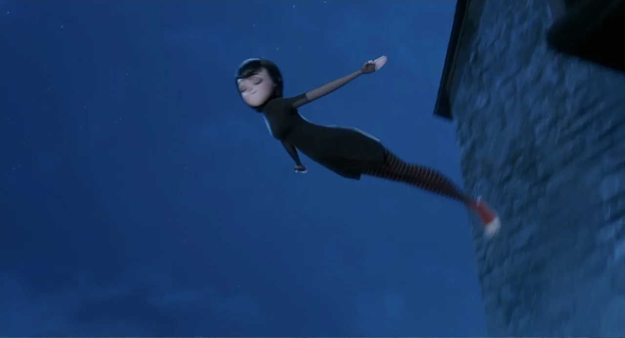 Hotel Transylvania 2 (2015) movie still: fullbody — A dark night sky backdrops a grey stone building facade at high altitude. A young woman in a…