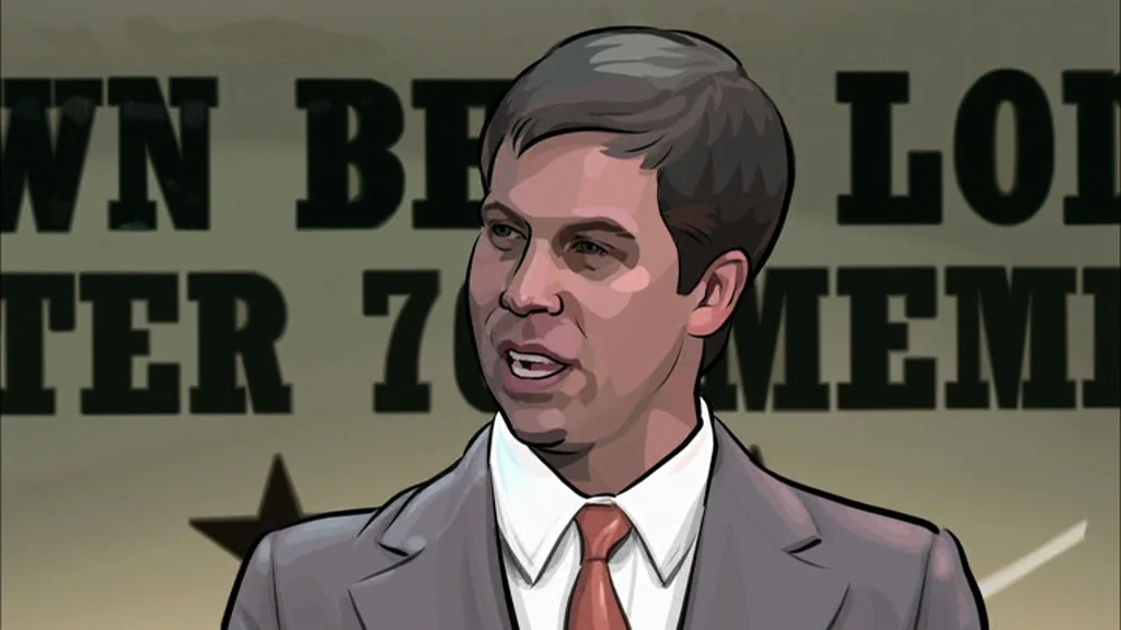 A Scanner Darkly (2006) movie still: closeup — A man in a suit speaks in front of a printed media backdrop. Bold black text and a star icon are…
