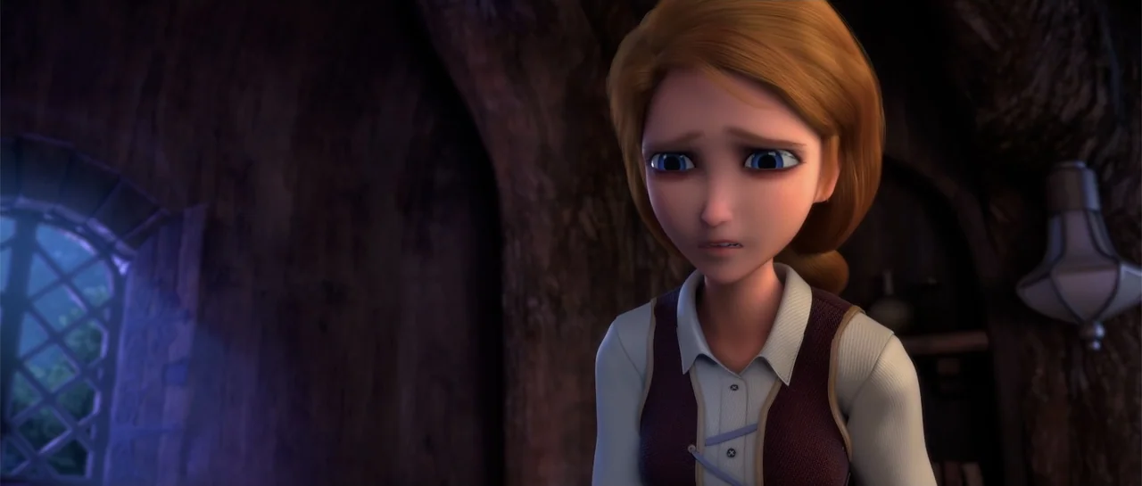 Cinderella and the Secret Prince (2018) movie still: medium — The interior of a dark wooden room features a window with cool blue light. A young…