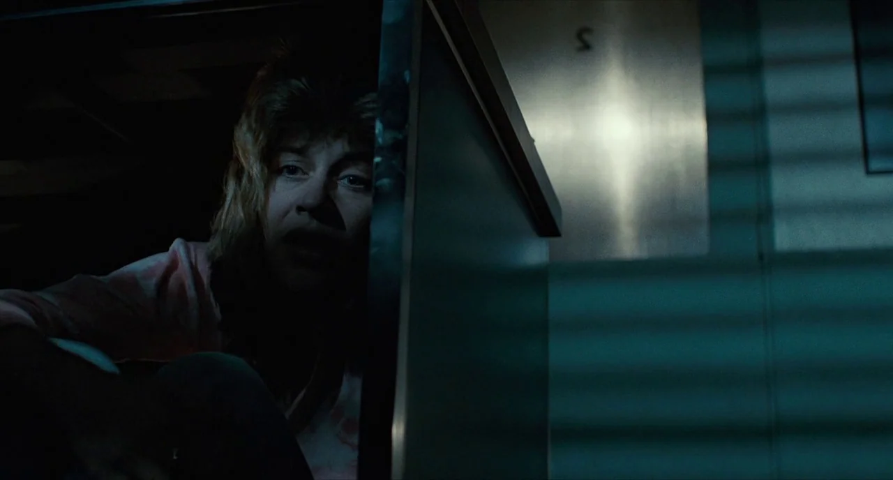 The Terminator (1984) movie still: medium — A dimly lit room with vertical blinds casting striped shadows across a metal wall. A woman with wavy…