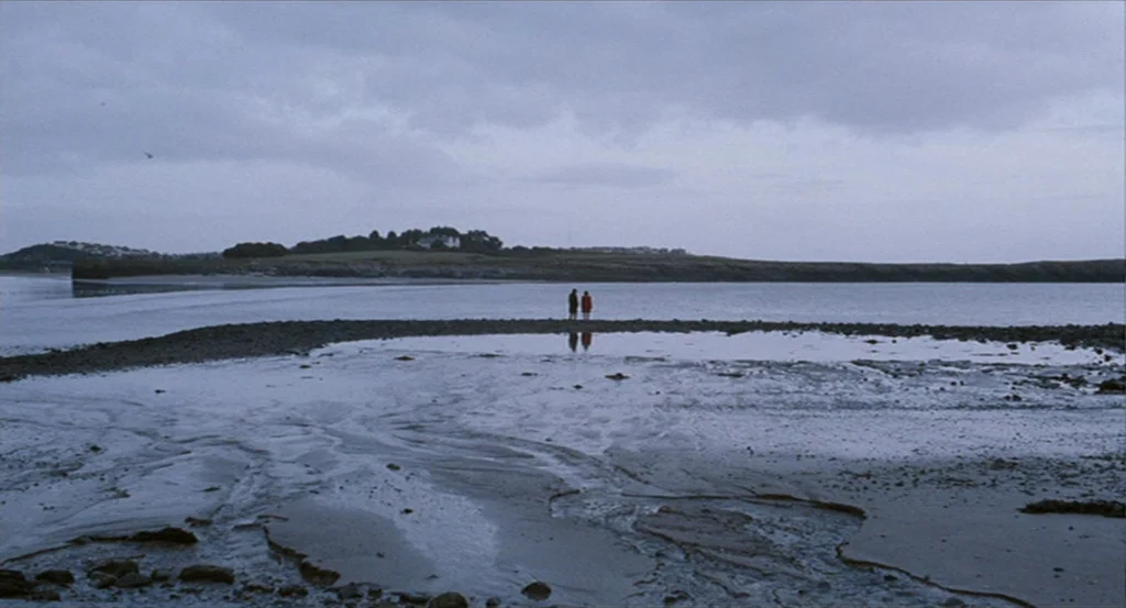 Submarine movie still: wide — An expansive, low-tide coastal estuary stretches beneath a heavy, overcast grey sky. Two figures stand together on a…