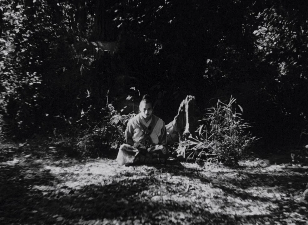 Rashomon (1950) movie still: medium — A man sits in the middle of a dark, shadowed clearing in a woods. Dappled sunlight strikes the ground where…