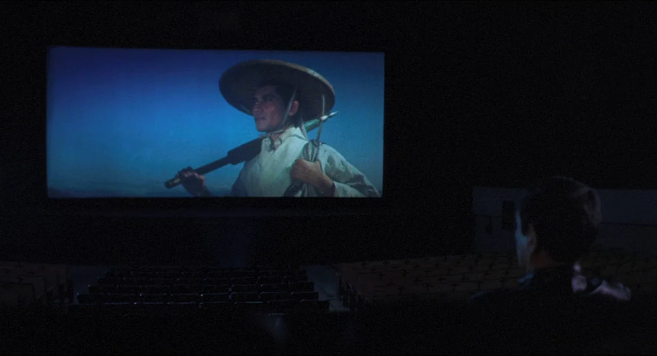 Goodbye, Dragon Inn (2003) movie still: wide — A dark movie theater with rows of empty seats facing a glowing projection screen. A lone viewer sits…