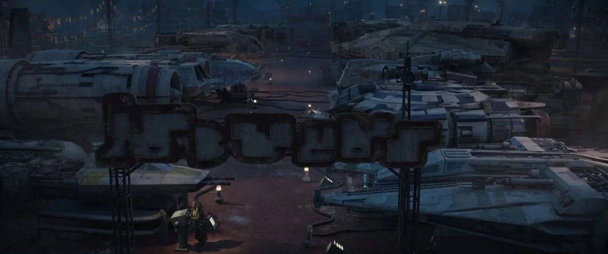 Andor (2022) movie still: wide — A nighttime industrial spaceport features multiple parked starships across a darkened, metallic landing zone. A…