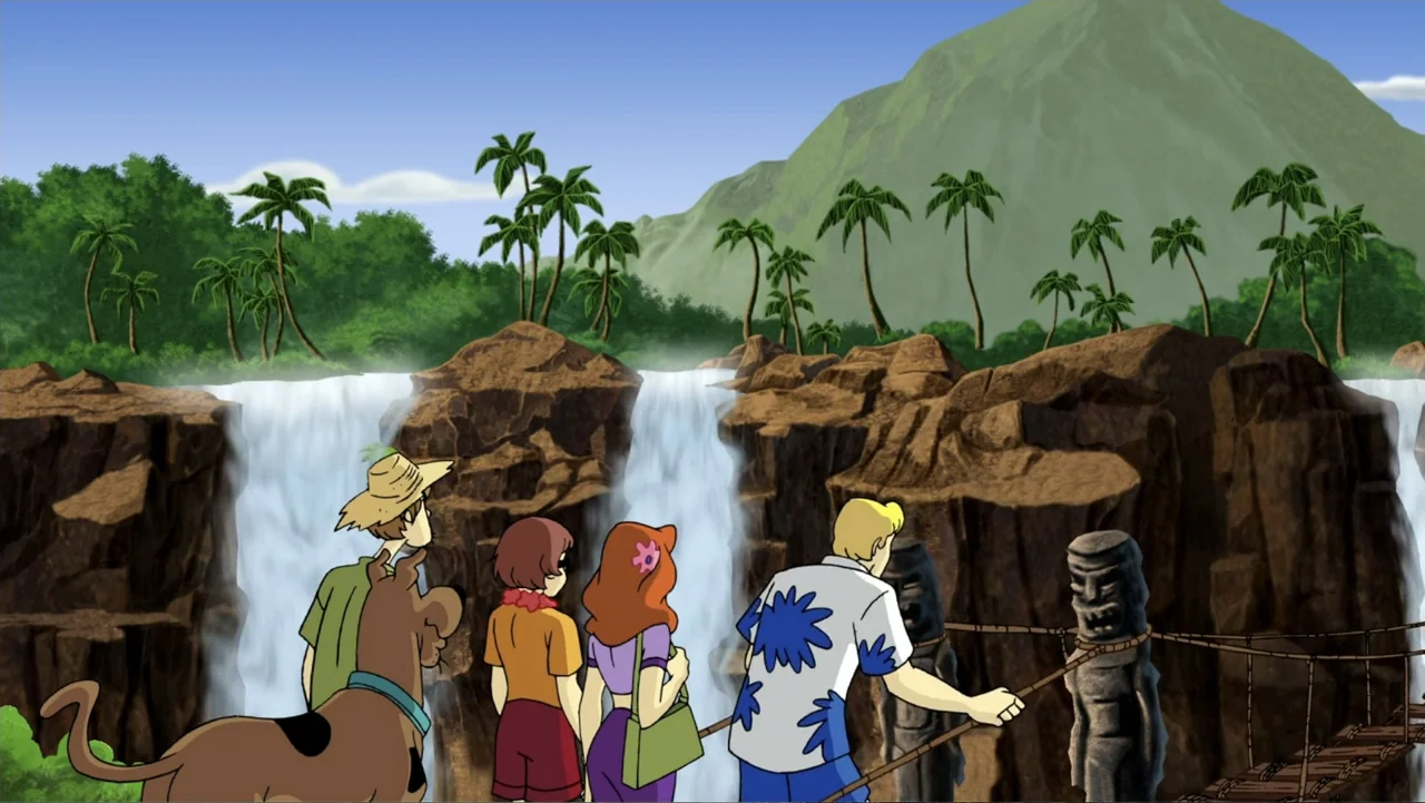 Aloha Scooby-Doo! (2005) movie still: fullbody — A lush tropical landscape features a large waterfall cascading over jagged rock cliffs. Four…