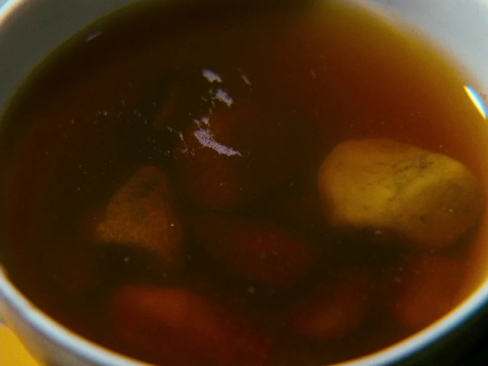 Alice (1988) movie still: closeup — A ceramic bowl holds a thick brown liquid with several submerged, rounded brown stones. The surface of the dark…