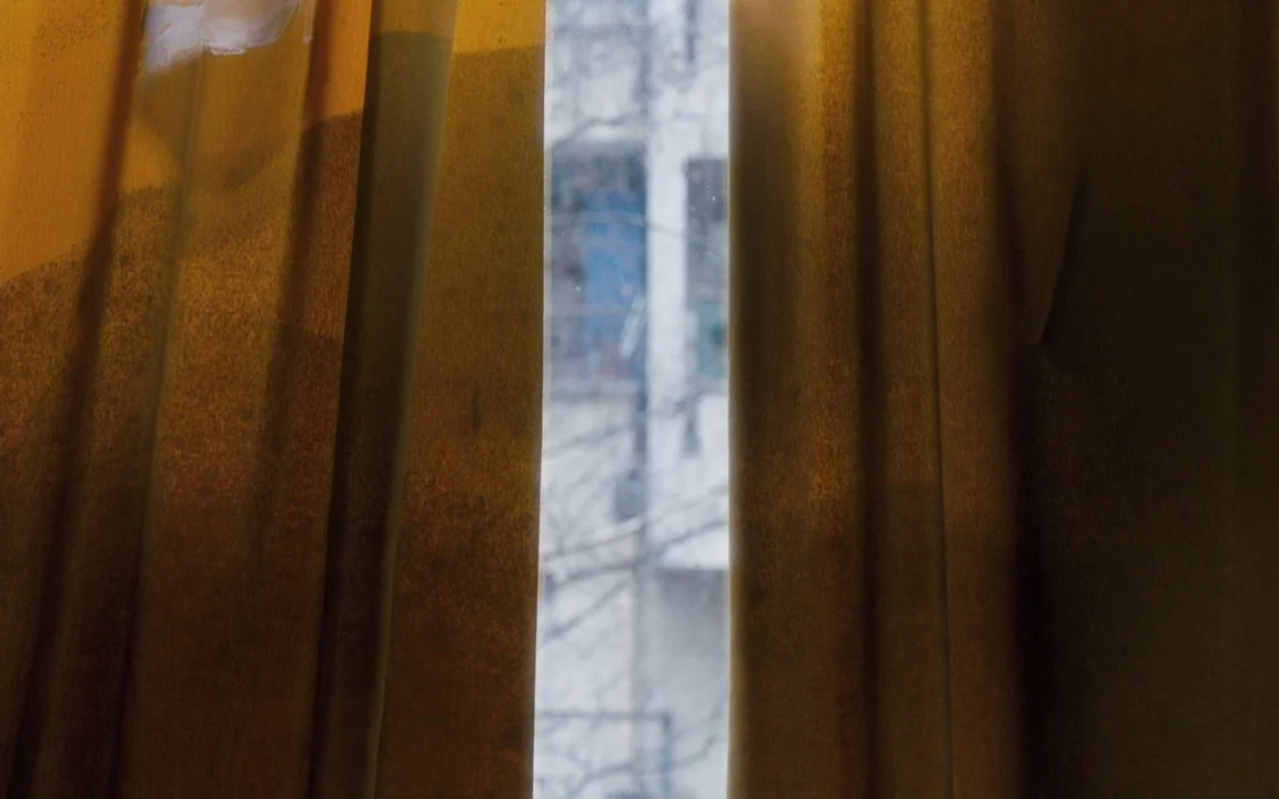 Let The Sunshine In (2017) movie still: closeup — A close-up view shows two thick, golden-brown curtains parted to reveal a window. A blurred,…